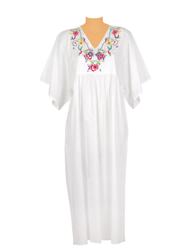 Robe longue Blanche, brodée perles Multi, liens froncés, coton, TU