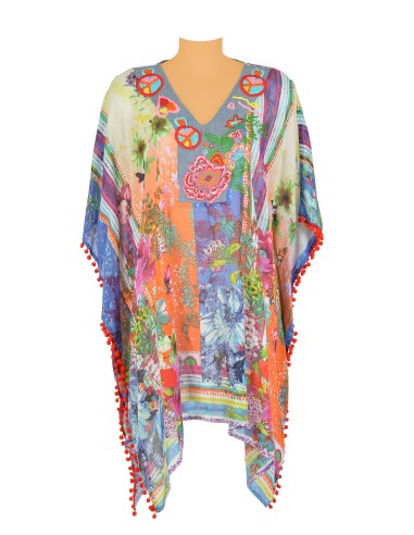 Kaftan Multi, col brodé, bandes pompons, coton, TU