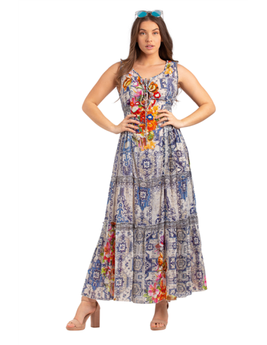 Robe longue imprimée Bleueu, fleurs brodées et perles, taille smokée, SMLXL