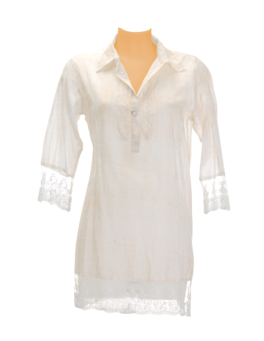 Tunique coton Beige, col chemise,1 bouton, broderies, bas manches dentelle MLXL