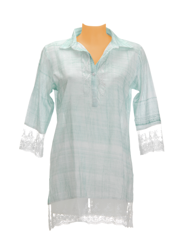 Tunique coton Vert d'eau, col chemise,1 bouton,broderies,bas manch dentelle MLXL