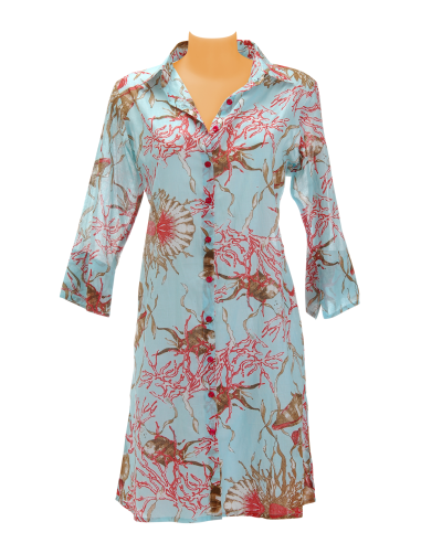 Chemise longue coton Ciel imprimée Corail Coquillages, toute boutonnée  S/M/L/XL