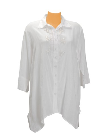 Chemise coton Blanche, toute boutonnée, broderies sur le devant, M/L/XL