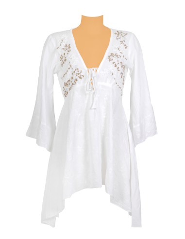 Tunique coton Blanche, manches longues col V lien, broderies taupes haut, M/L/XL