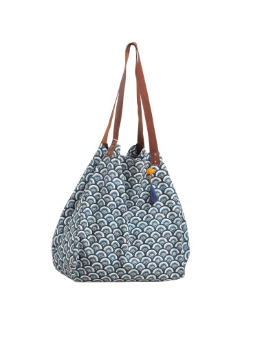 Sac shopping coton Eventails bleus, 2 anses cuir plates