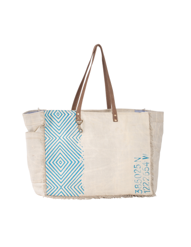 Sac toile L beige print bleu, anses cuir, doublé, zip 44x33x19