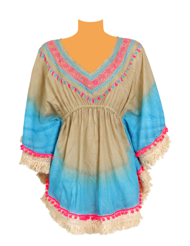 Kaftan court Taupe/Turquoise, base arrondie frangée, col brodé, coton, TU