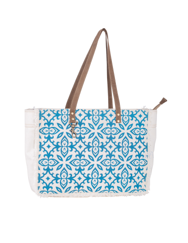 Sac toile M  blanc, impression bleue, frangé, anses cuir, doublé, zip 44x33x19