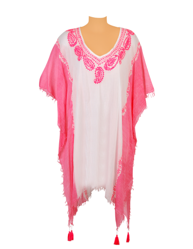 Kaftan Blanc bords Fuschia frangés, broderies Fuschia, déco pompons, coton, TU