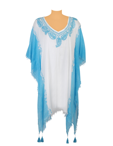 Kaftan Blanc bords Turquoise frangés, broderies Turquoise, déco pompons coton TU