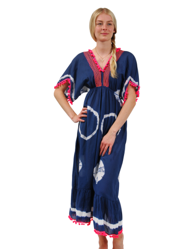 Robe longue batik navy, taille froncée, brodée et pompons fuschia, coton, SMLXL