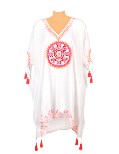 Kaftan Blanc broderie ronde Fuschia/Orange, coton, TU