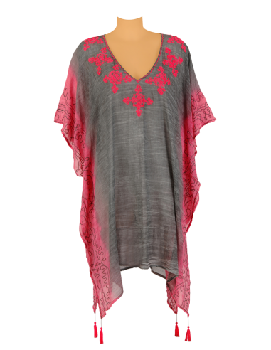 Kaftan taupe bords Fuschia, broderies contrastées, coton, TU