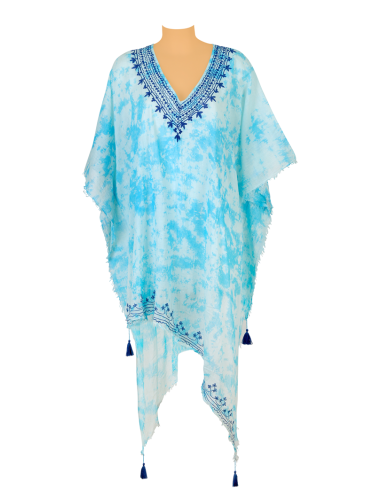 Kaftan Tie&Dye Turquoise, brodé bleu col et dos, bords frangés, déco pompon TU