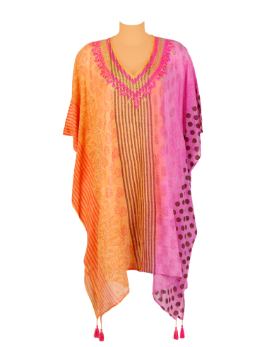 Kaftan Orange/Fuschia col V brodé fuschia/or, coton, TU