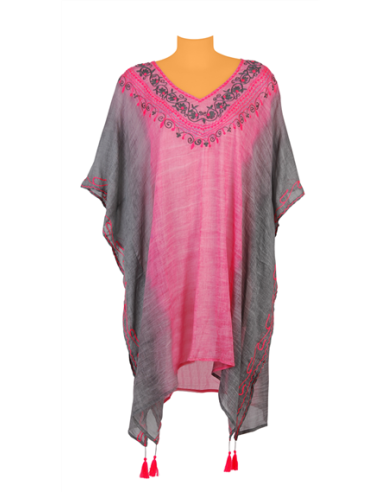 Kaftan Fuschia bords Taupe, broderies contrastées, coton, TU