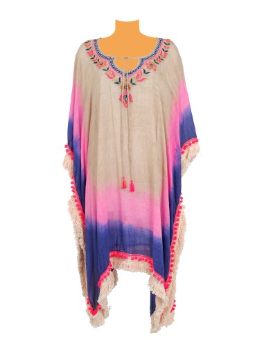 Kaftan beige/navy, col brodé, bords pompons fuschia et franges, coton, TU