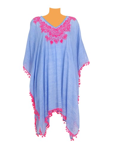 Kaftan ciel, pompons et broderies fuschia, coton, TU