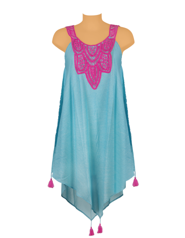 Robe en pointe Turquoise, broderie fuschia devant et dos, pompons S/M + L/XL