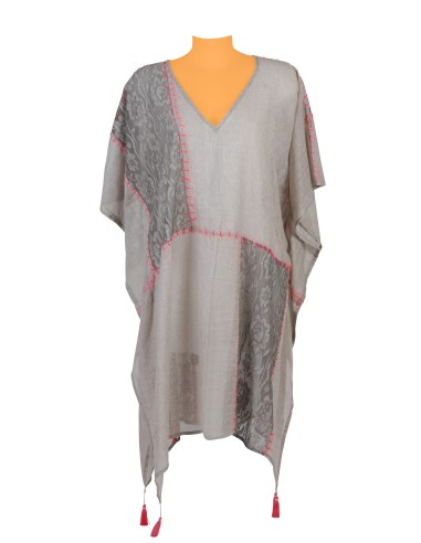 Kaftan Taupe brodé Fuschia, empiècement dentelle, col V, coton, TU