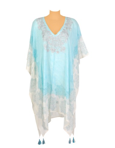 Kaftan menthe/écru col V brodé argent, coton, TU