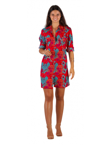 Robe chemise Rouge/Turquoise, boutonnée, 2 poches, coton (SMLXL)
