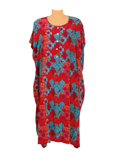 Robe très ample Rouge/Turquoise, col 5 boutons, taille smockée, viscose TU