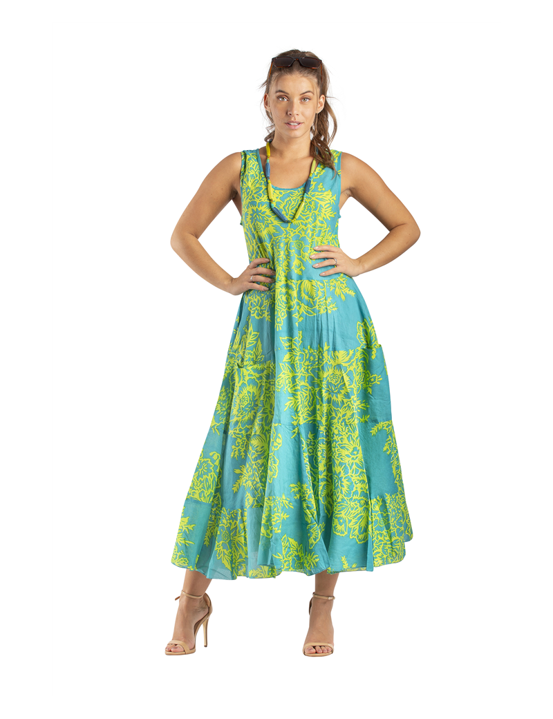 Robe ample "Tahiti Turquoise Anis", 2 poches, 3 volants, coton (S,M,L,XL)