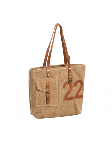 Sac M taupe "22", écriture et anses réglables cuir,poche,zip, coton 44x33