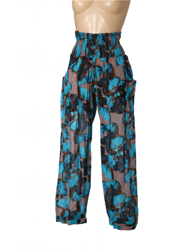 Pantalon coton papillons bleus, taille haute smockée, 2 poches (M-L-XL)