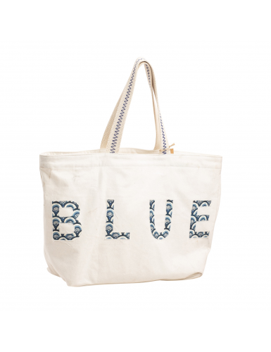 Grand sac écru "BLUE" , 2 poches, zip , anses longues sangles, coton