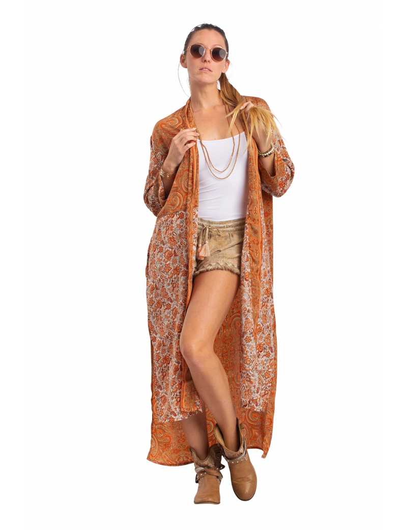 Kimono mi-long patchwork beige, 2 poches, dos plus long, polyester TU
