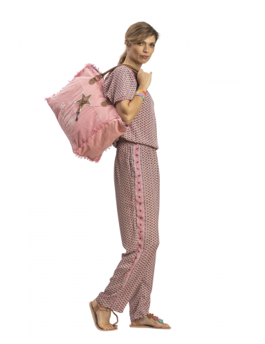 Pantalon "Indiana pink flower"taille elastiq,poches cotés polyester SMLXL