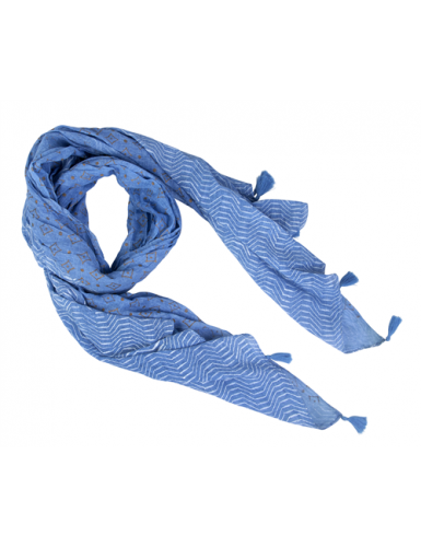 Echarpe Bleu jean/Blanc/Or, bords pompons, coton (100x180)