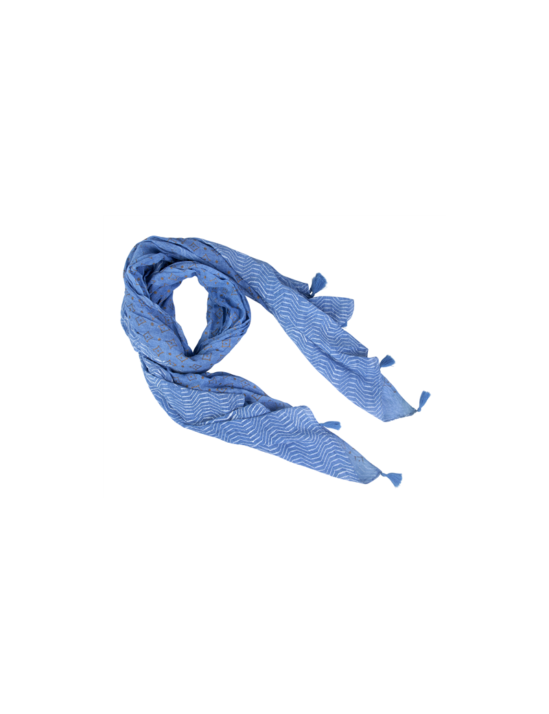 Echarpe Bleu jean/Blanc/Or, bords pompons, coton (100x180)