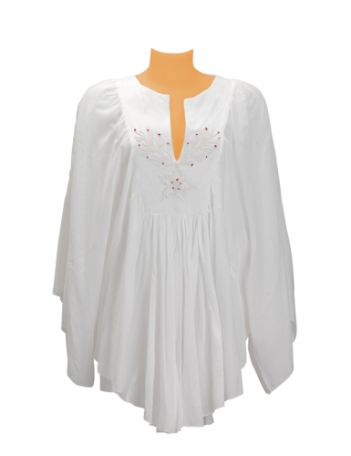 Kaftan coton Blanche, broderies Coraux rouges col tunisien, manches amples,MLXL