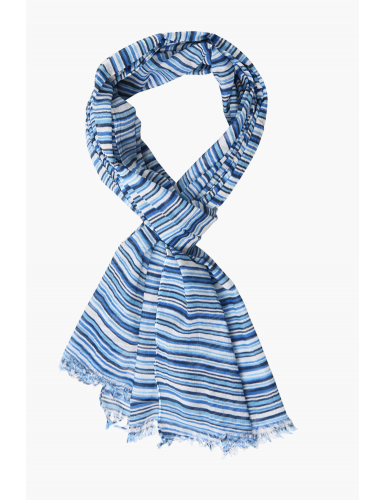 Echarpe coton Fines rayures Bleues et Blanches, bords frangés (50*180cm)