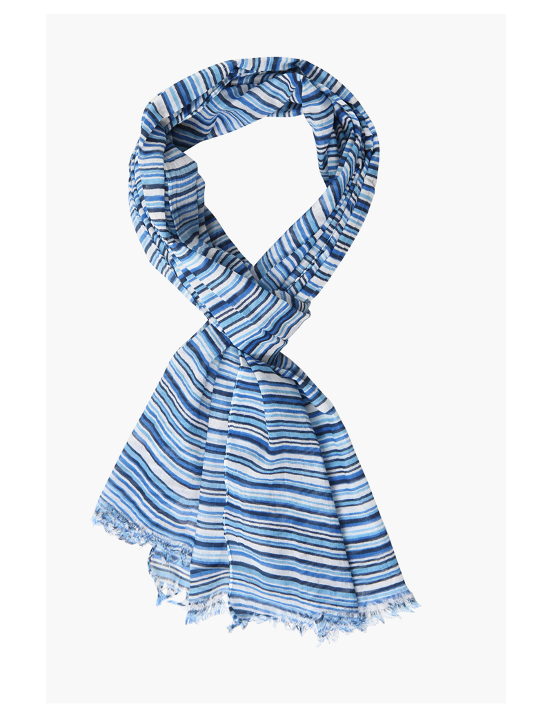 Echarpe coton Fines rayures Bleues et Blanches, bords frangés (50*180cm)
