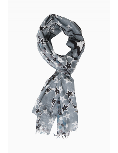Echarpe coton gris/bleu, Etoiles/Petites Fleurs, bords frangés  (50*180cm)