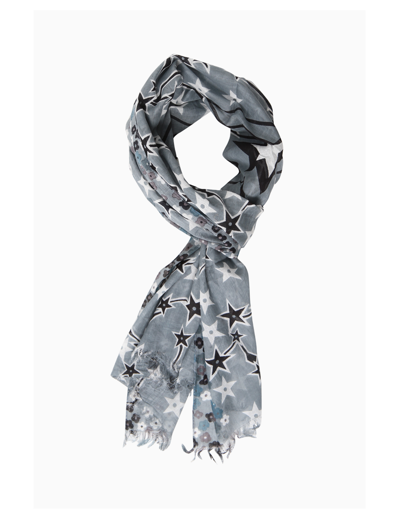 Echarpe coton gris/bleu, Etoiles/Petites Fleurs, bords frangés  (50*180cm)