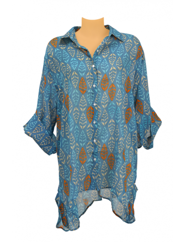Chemise ample "Leaves bleu/ beige" ,boutonnage avant/faux arrière,découpe base