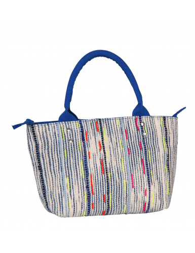 Petit sac shopping coton tissé, fines rayures multicolores, 2 anses fuschia, zip