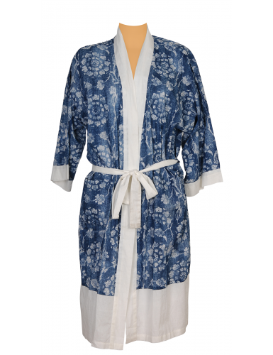 Kimono "Denim Flowers", col, revers et base écrue, 2 poches,ceinture,coton SMLXL