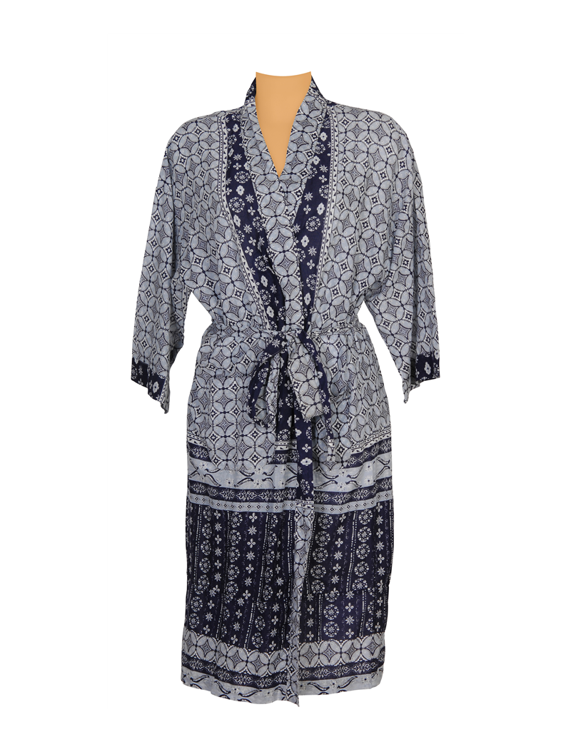 Kimono "Azulejos" col, 2 poches, ceinture,coton SMLXL