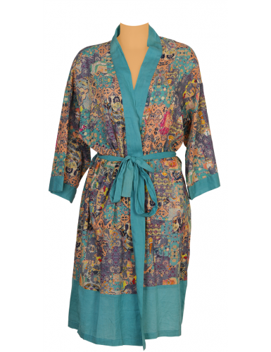 Kimono "Patchwork", col, revers et base turquoise 2 poches, ceinture,coton SMLXL