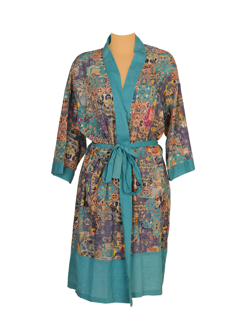 Kimono "Patchwork", col, revers et base turquoise 2 poches, ceinture,coton SMLXL
