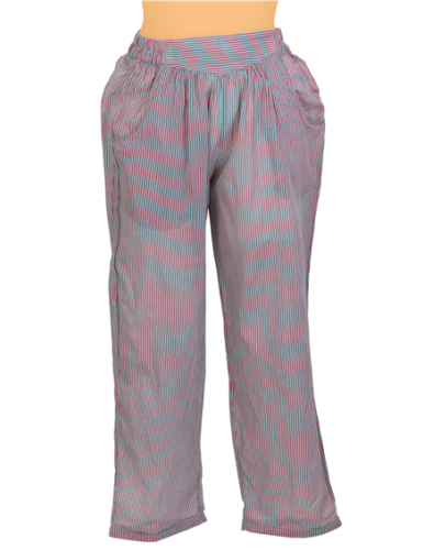 Pantalon rayé ciel/brun, taille elastique, 2 poches, coton (S,M,L,XL)