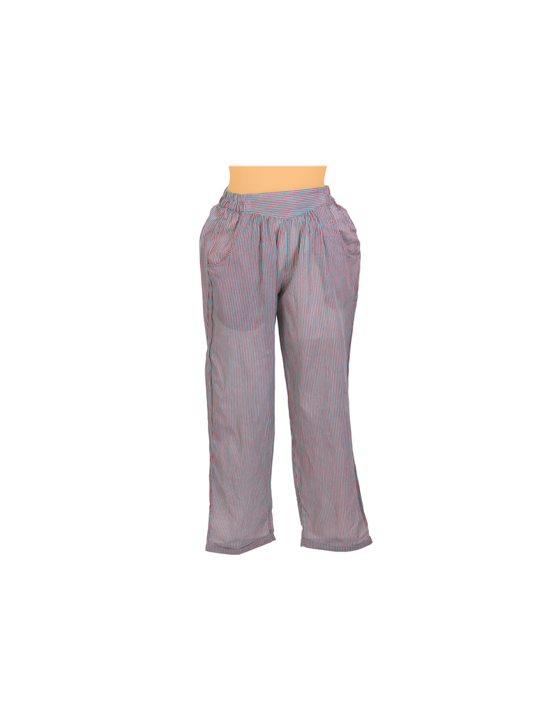 Pantalon rayé ciel/brun, taille elastique, 2 poches, coton (S,M,L,XL)