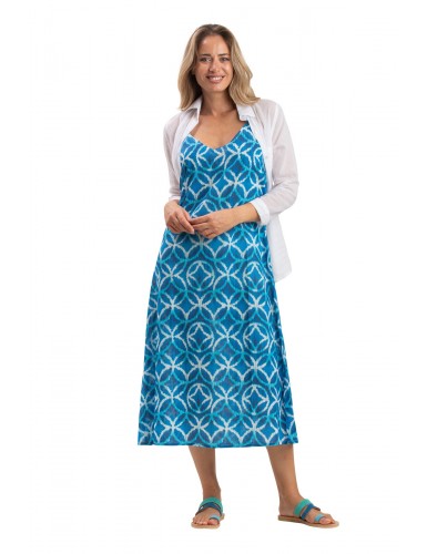 Robe longue droite "Rosaces Bleu pacifique", col V, coton (S,M,L,XL)