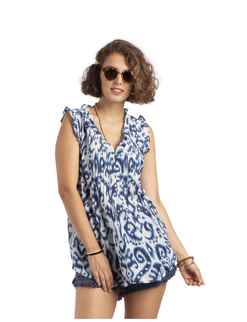 Top "Batik Bleu", col et manches froufrou, plis poitrine, coton (S,M,L,XL
